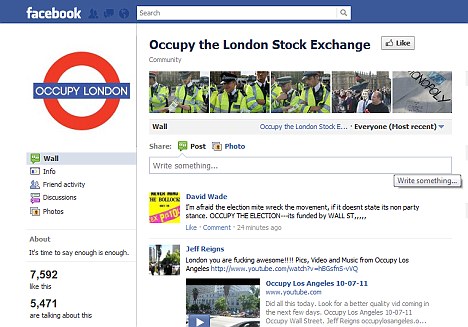 Followers: Facebook page 'Occupy London's Stock Exchange' has already amassed over 3,000 people who have agreed to attend the event while 'Occupy London' on Twitter has over 1,000 followers